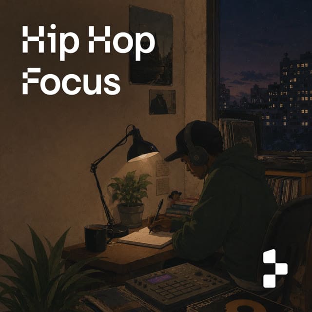 Hip Hop Focus playlist cover: a person at a desk lamp at night