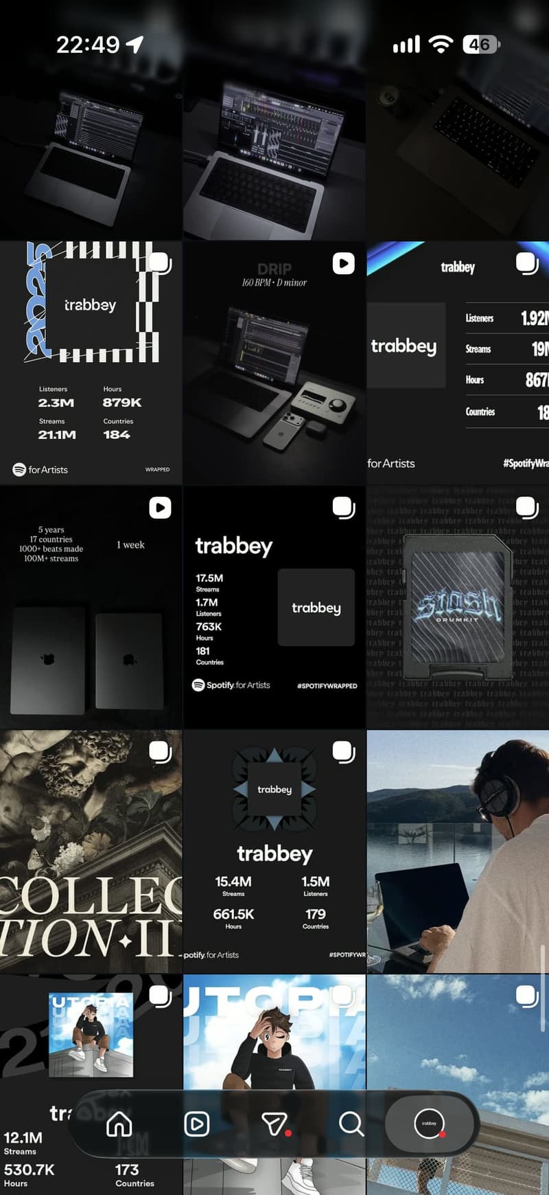 The trabbey Instagram grid: dark studio photos, release artwork and Spotify for Artists recaps