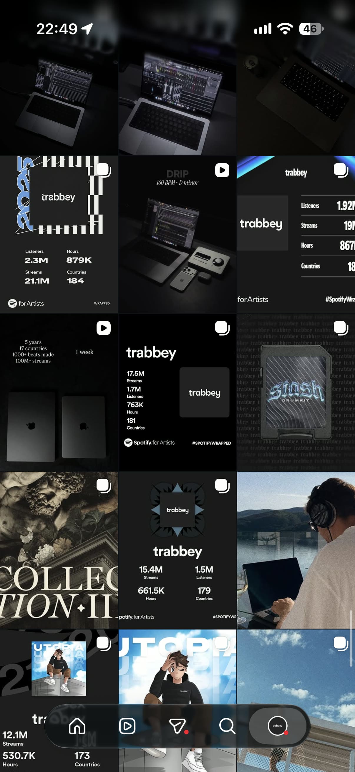 The trabbey Instagram grid: dark studio photos, release artwork and Spotify for Artists recaps