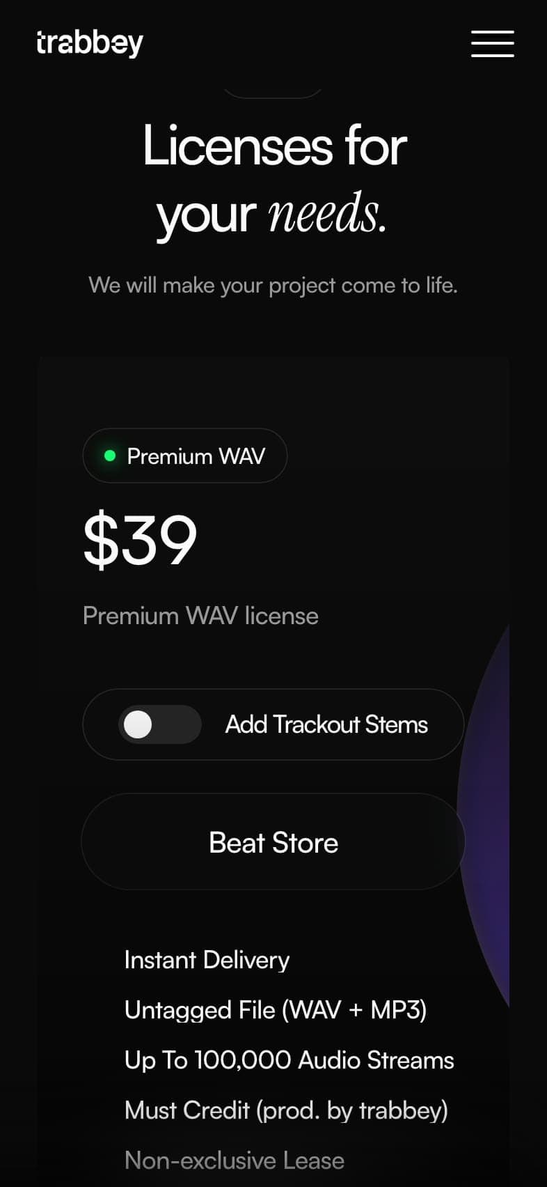 trabbey.com on a phone: the license section with the Premium WAV card